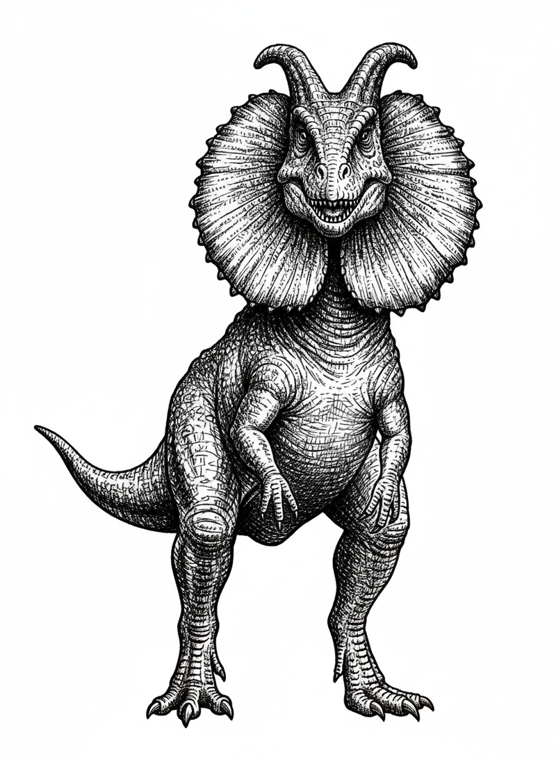 Spitter the Dilophosaurus in Victorian Illustration - Black & White Illustration