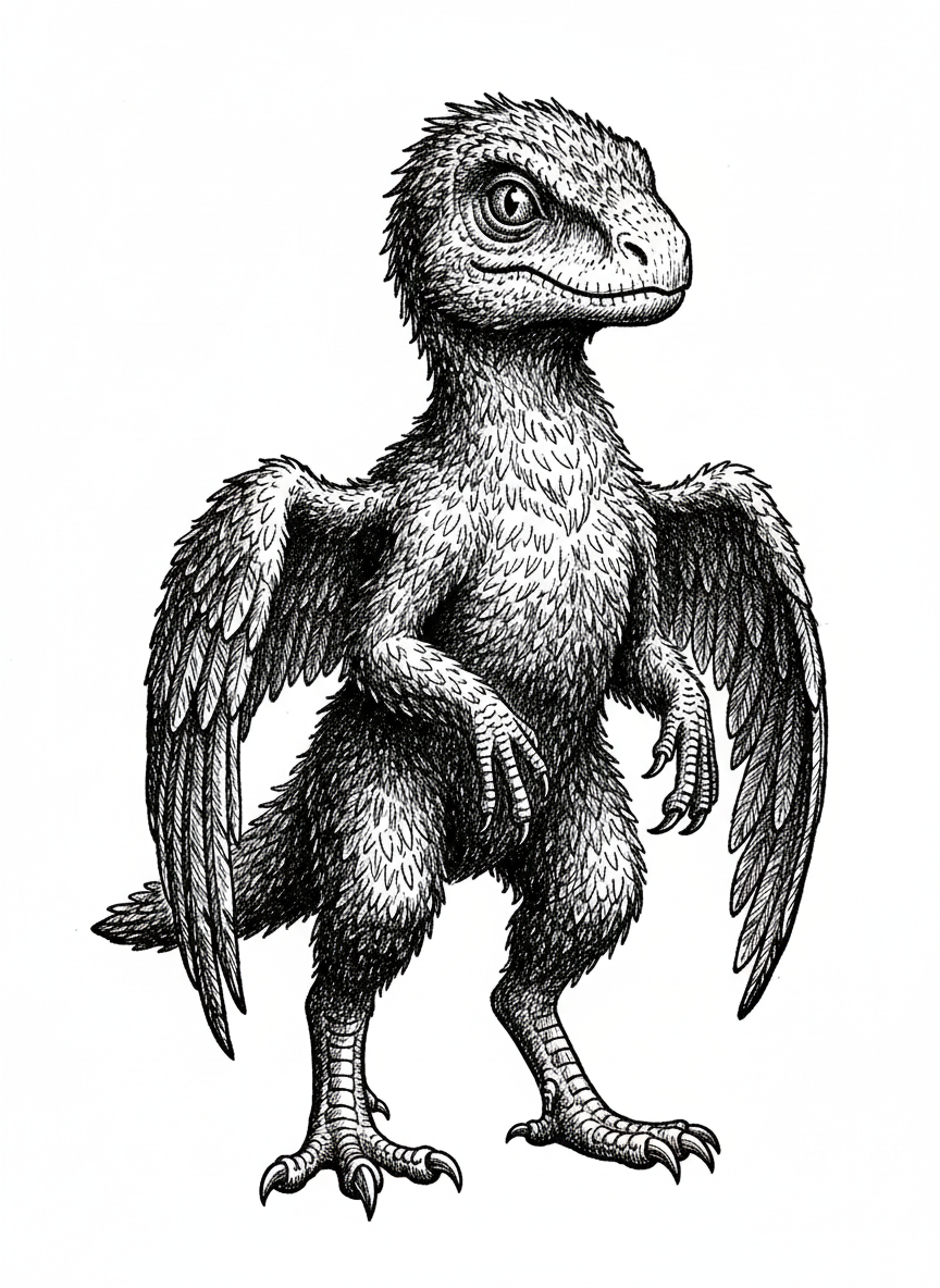 Pounce the Microraptor - Black & White Illustration