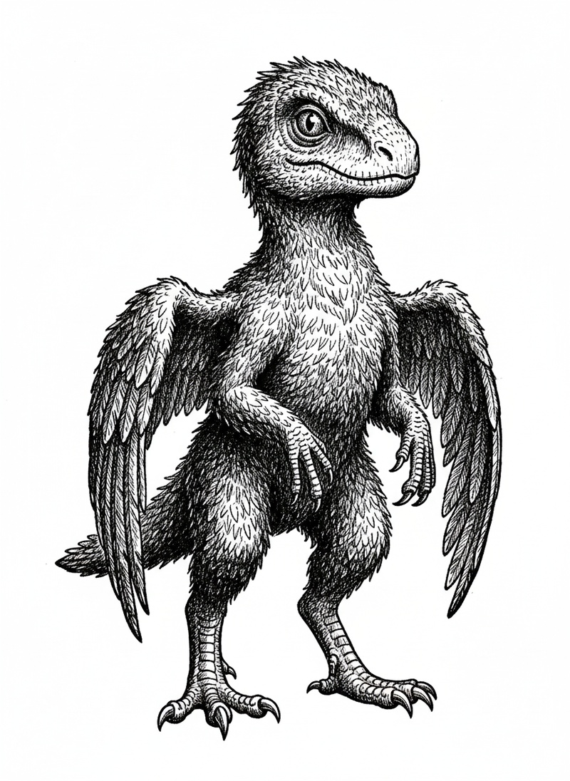 Pounce the Microraptor in Victorian Illustration - Black & White Illustration