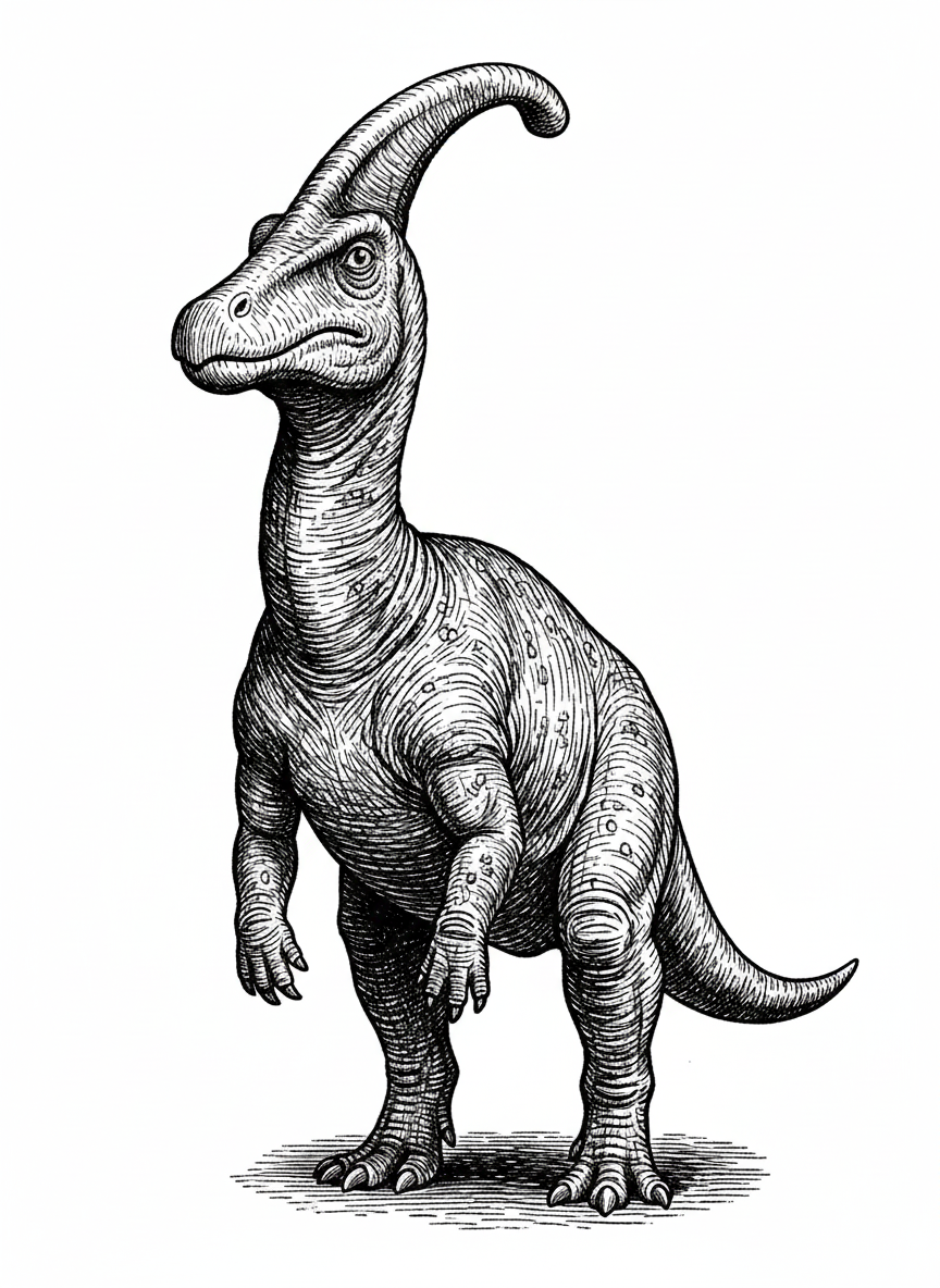 Crest the Parasaurolophus - Black & White Illustration