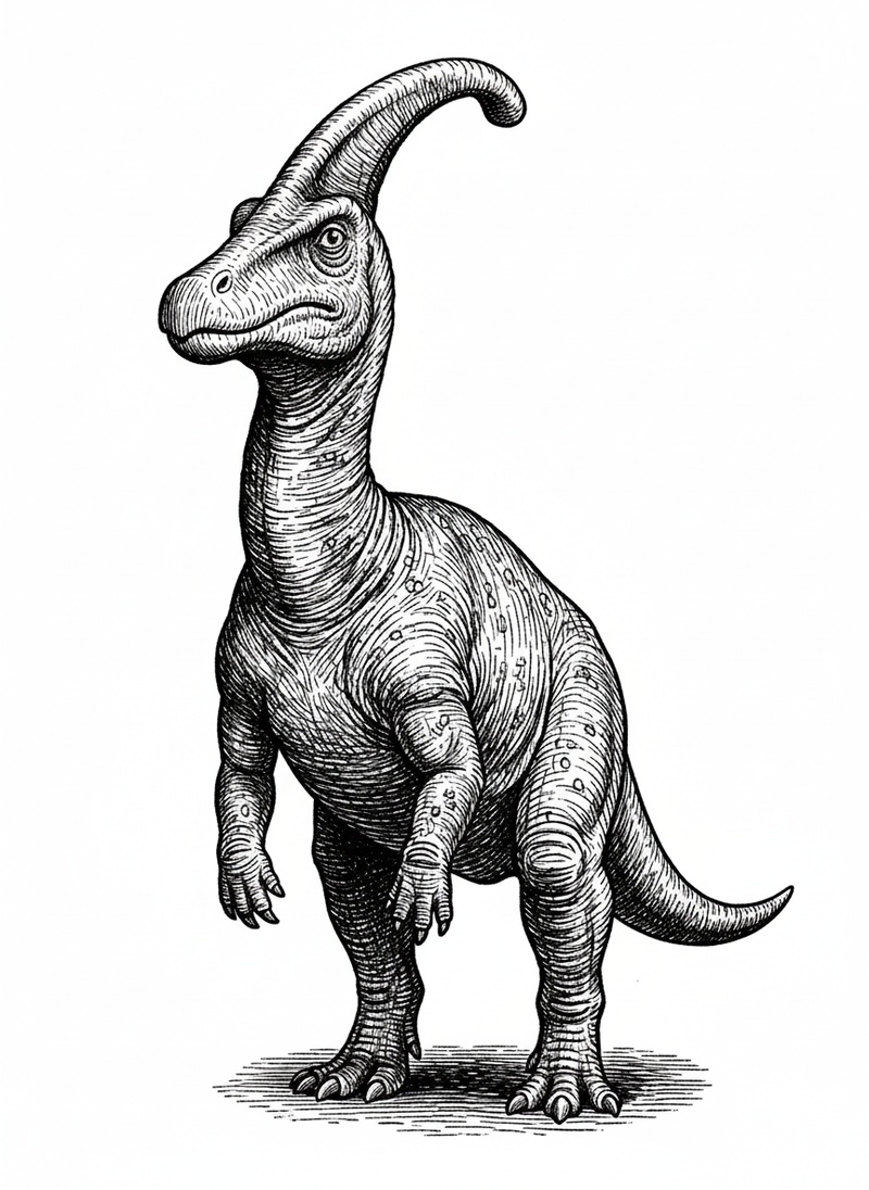 Crest the Parasaurolophus in Victorian Illustration - Black & White Illustration