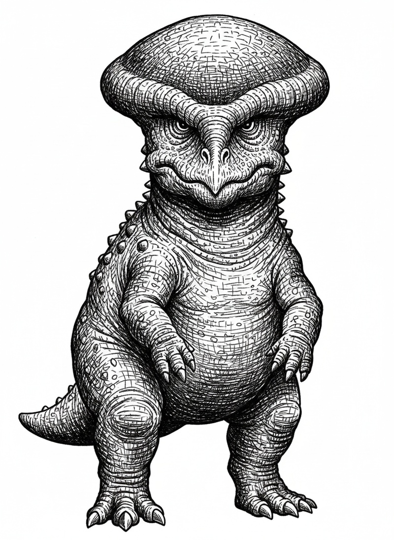 Pluto the Pachycephalosaurus in Victorian Illustration - Black & White Illustration