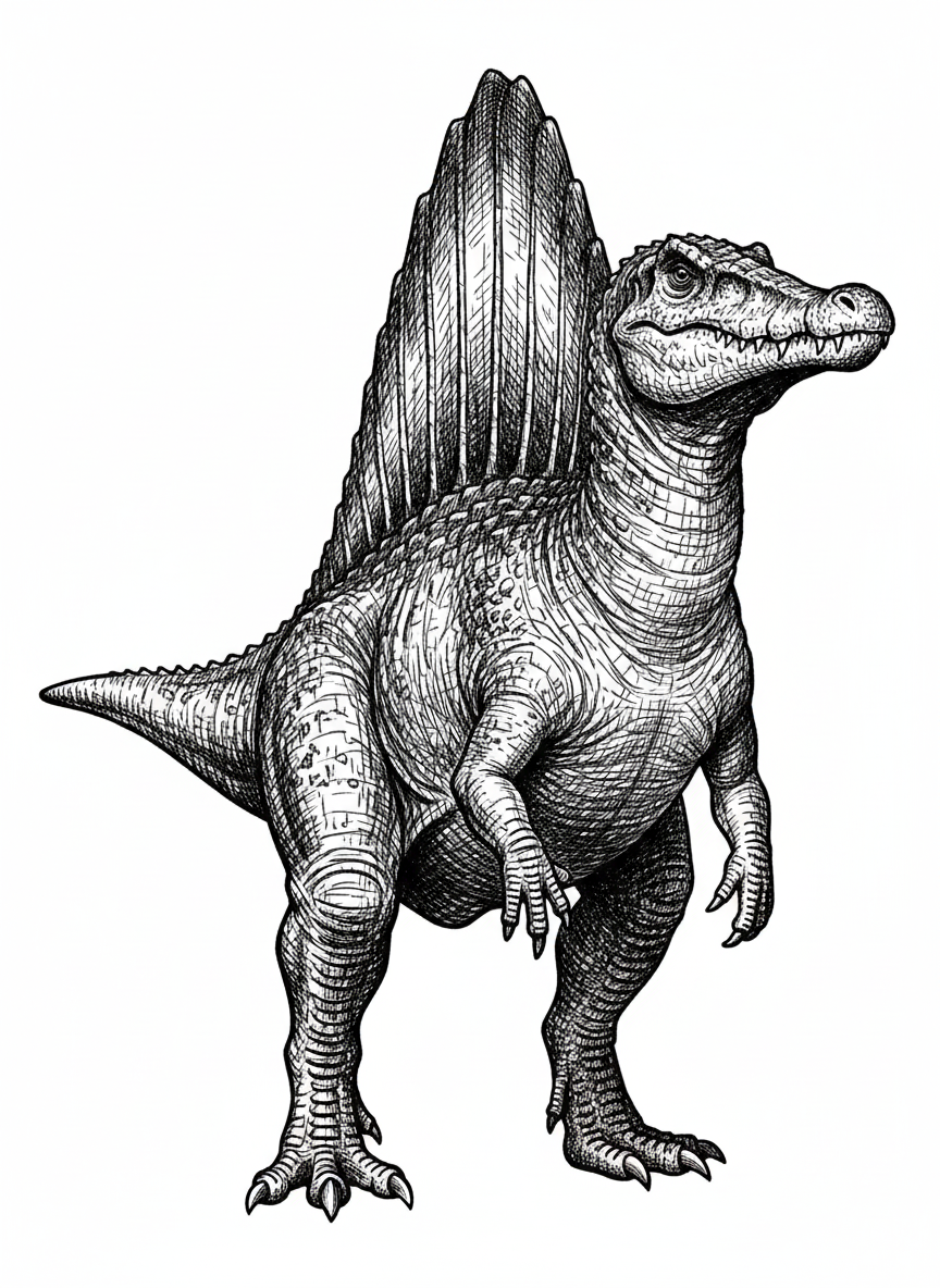 Spiney the Spinosaurus - Black & White Illustration