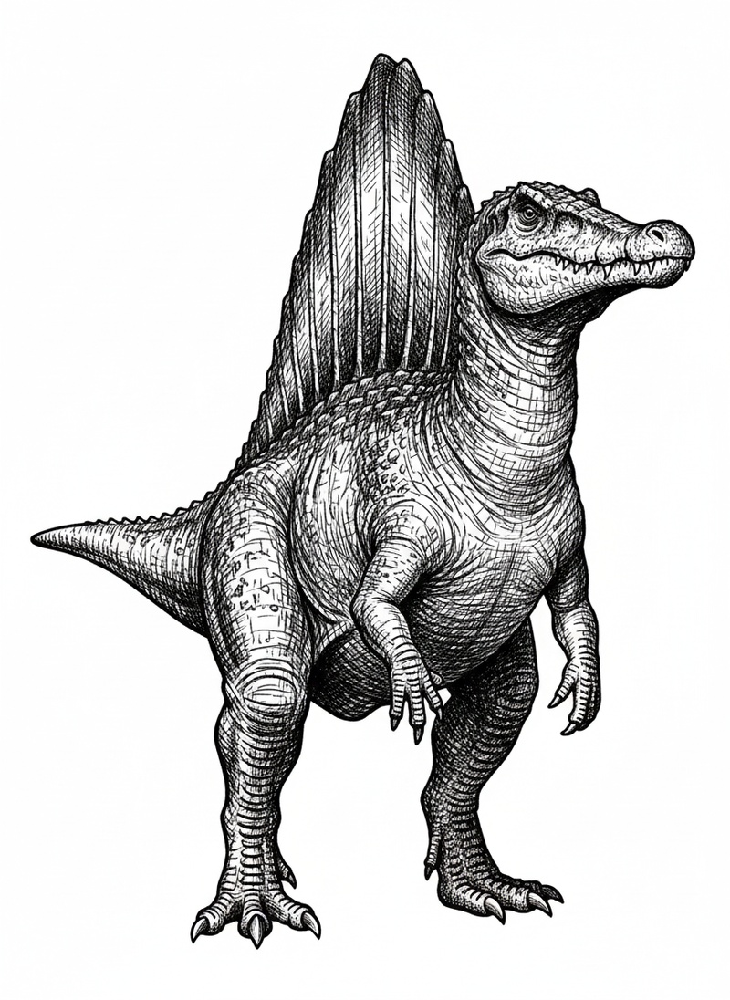 Spiney the Spinosaurus in Victorian Illustration - Black & White Illustration