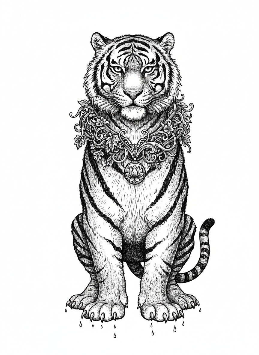 Stripes the Friendly Tiger - Black & White Illustration