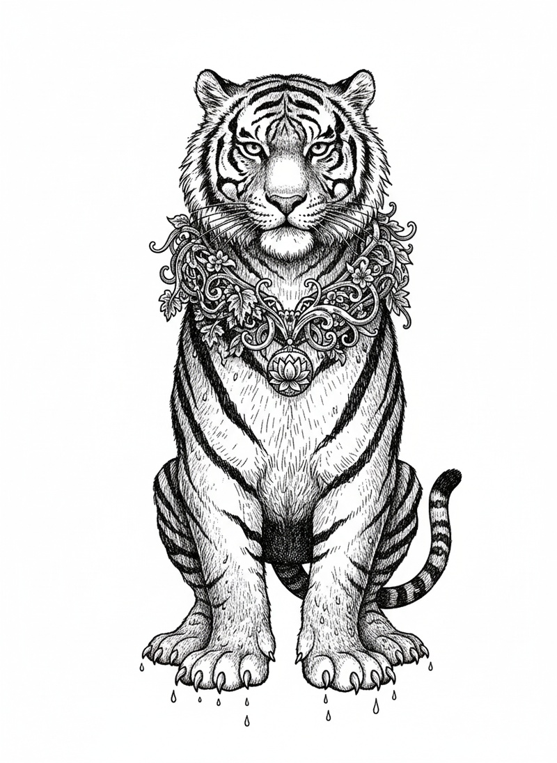 Stripes the Friendly Tiger in Victorian Illustration - Black & White Illustration