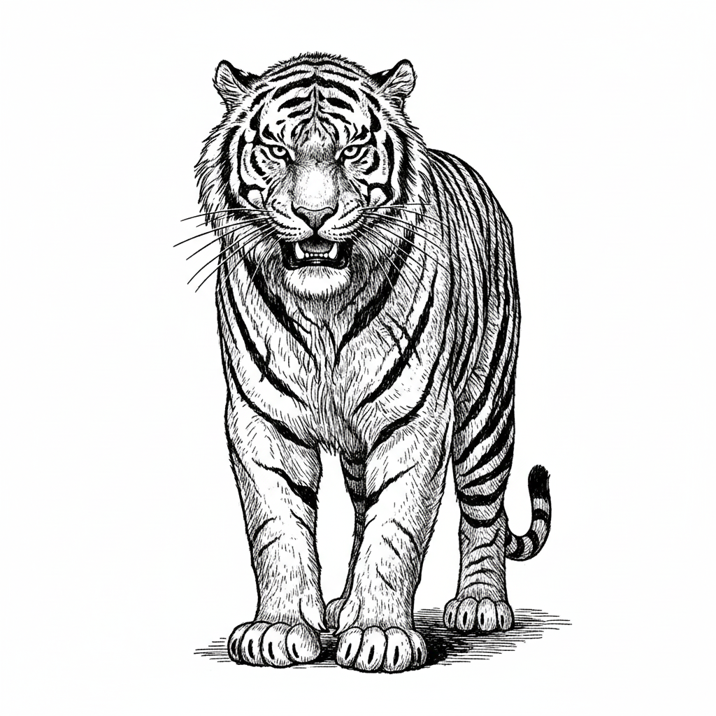 Shere the Villain Tiger - Black & White Illustration