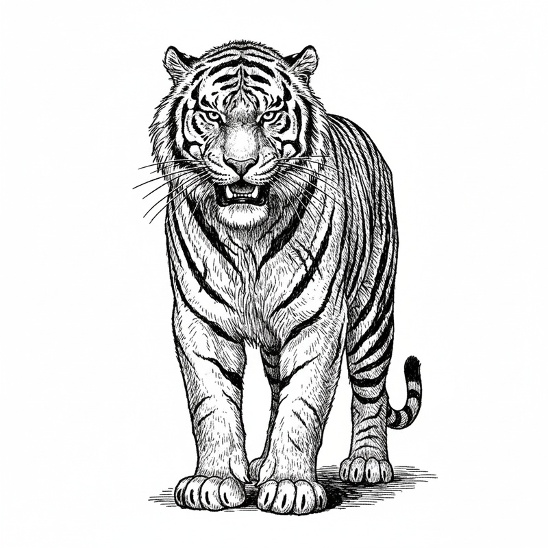 Shere the Villain Tiger in Victorian Illustration - Black & White Illustration