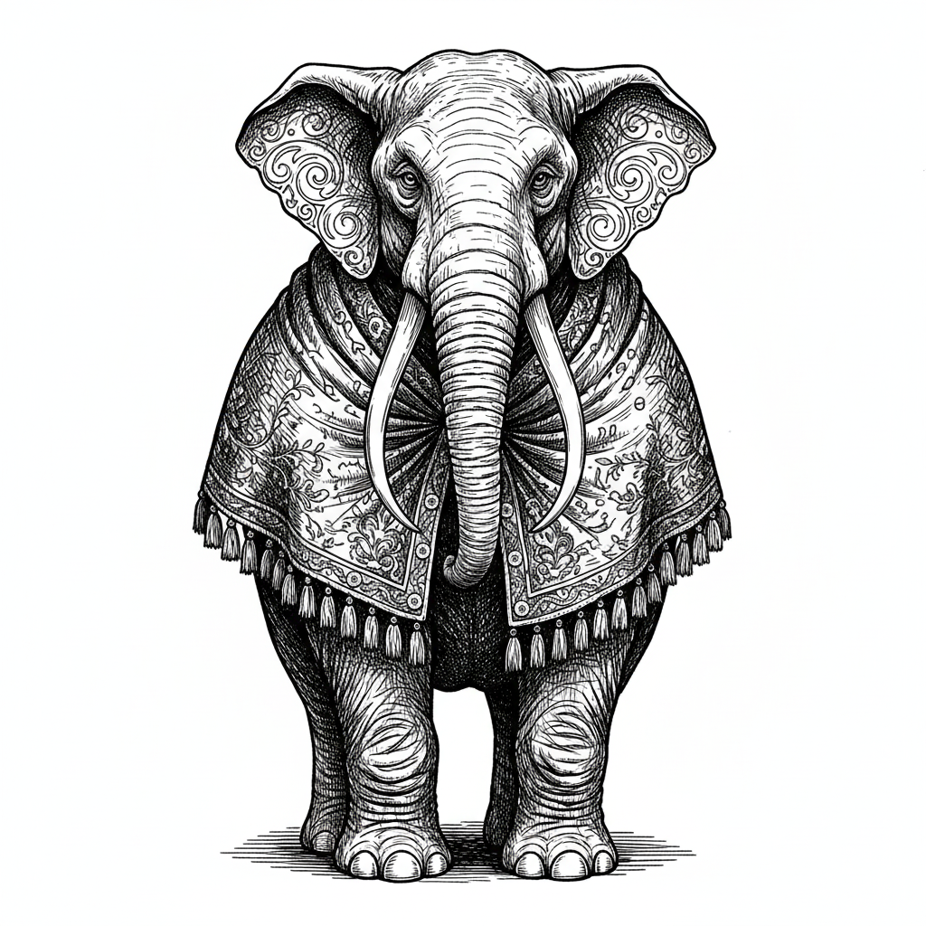 Ella the Gentle Elephant - Black & White Illustration
