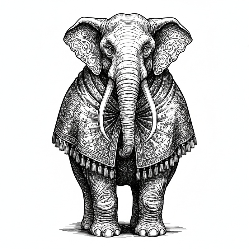 Ella the Gentle Elephant in Victorian Illustration - Black & White Illustration