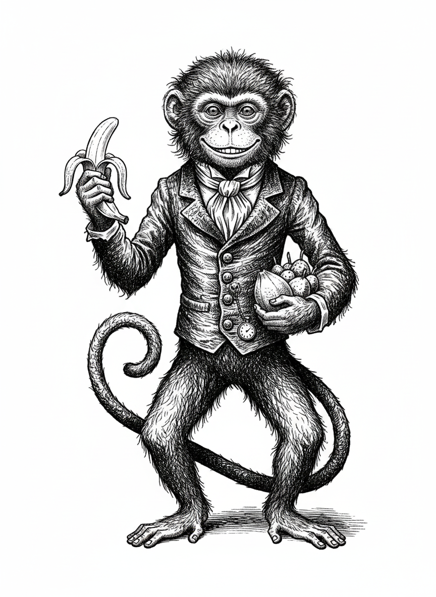Mango the Cheeky Monkey - Black & White Illustration