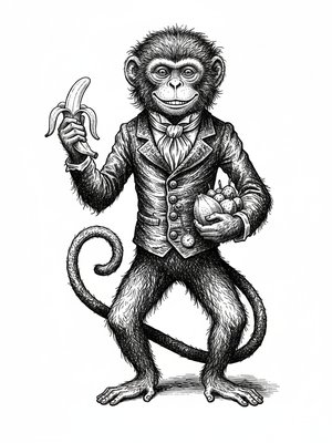 Mango the Cheeky Monkey in Victorian Illustration - Black & White Illustration