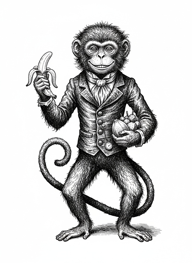 Mango the Cheeky Monkey in Victorian Illustration - Black & White Illustration