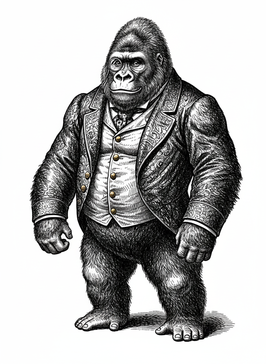 George the Curious Gorilla - Black & White Illustration