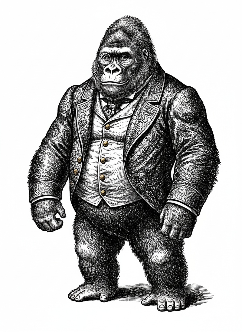 George the Curious Gorilla in Victorian Illustration - Black & White Illustration