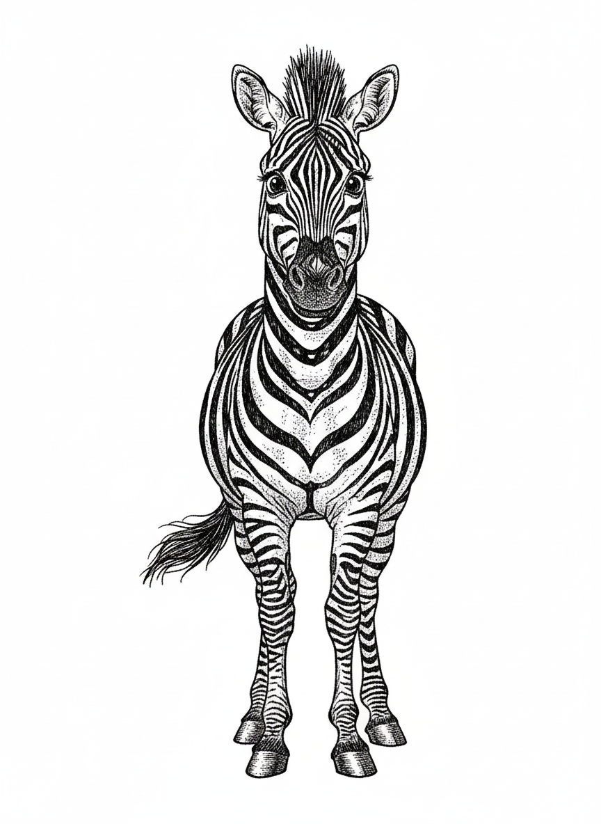 Zippy the Zebra - Black & White Illustration