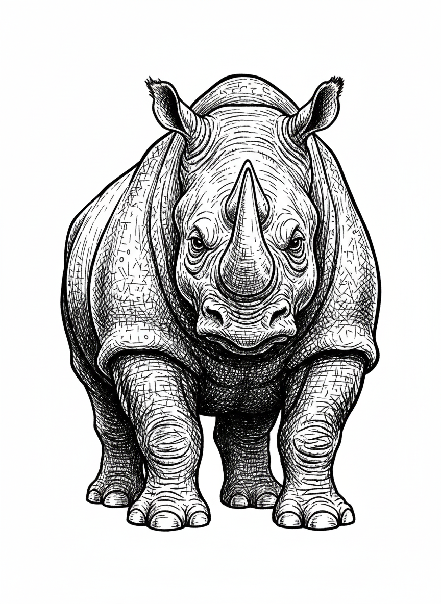 Rhino the Tough Rhinoceros - Black & White Illustration