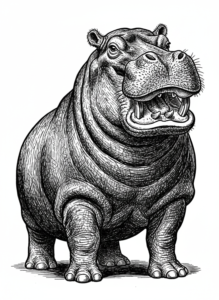 Hippo the River Giant - Black & White Illustration