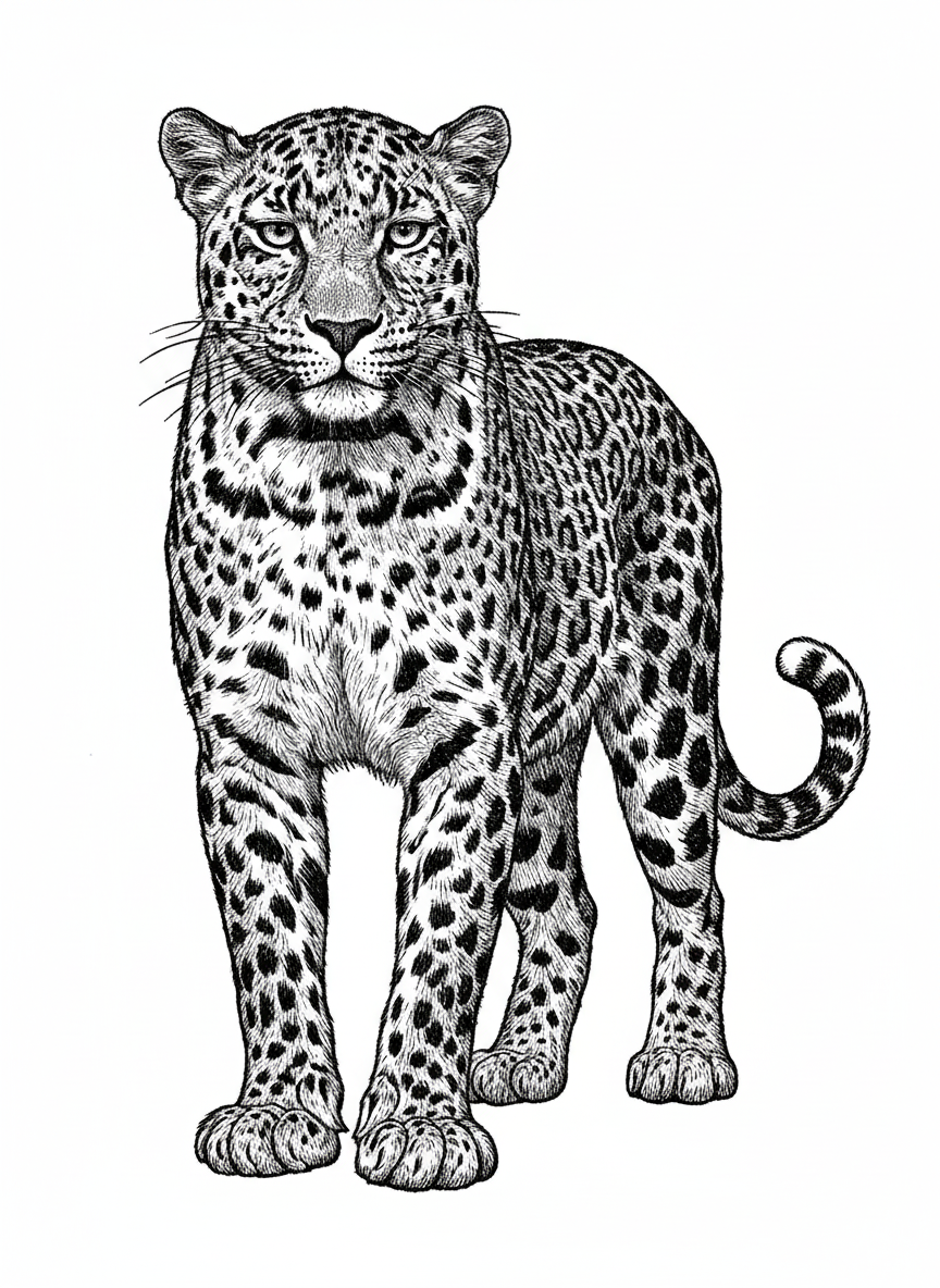 Spots the Leopard - Black & White Illustration