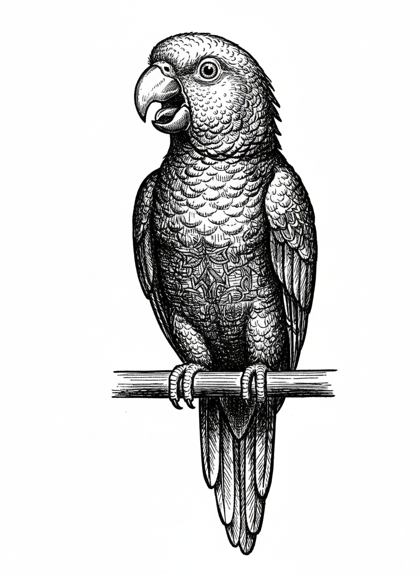 Chatter the Parrot - Black & White Illustration