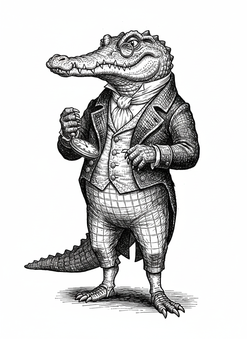 Snap the Crocodile - Black & White Illustration