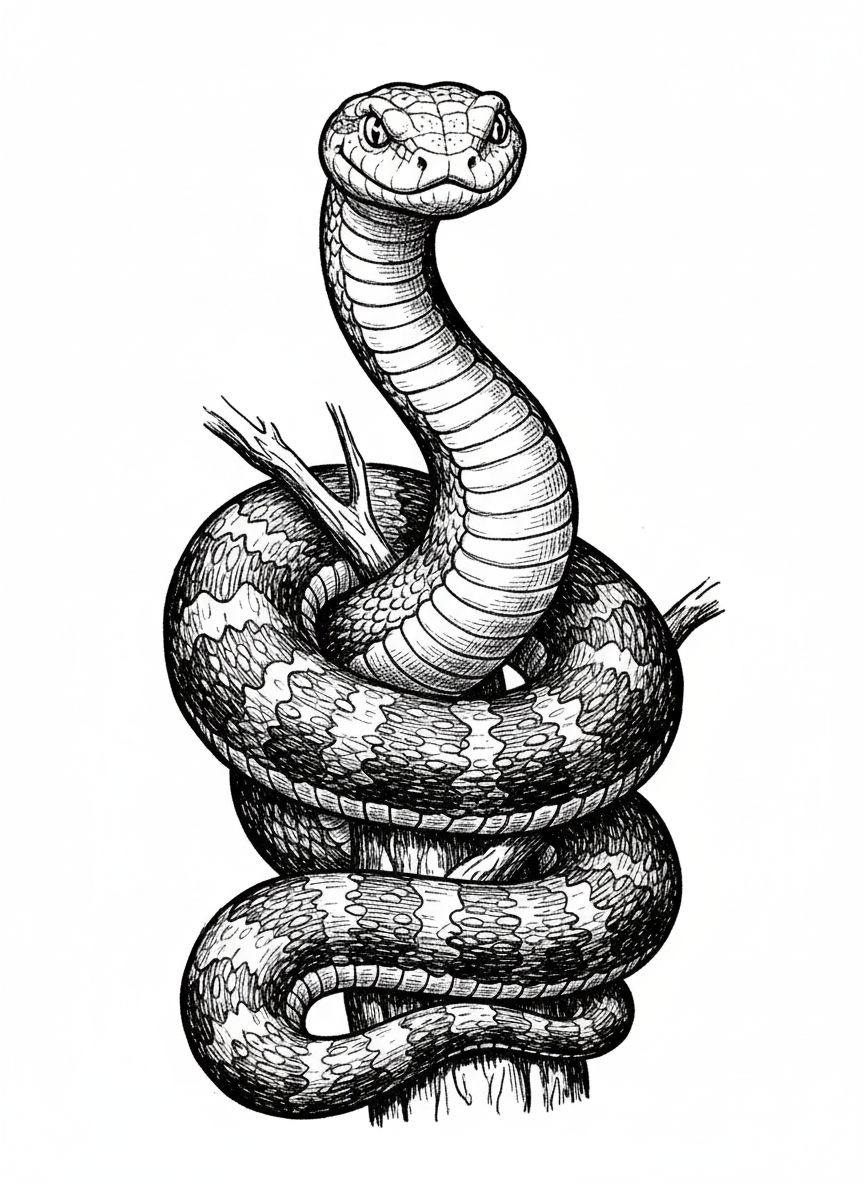 Slither the Python - Black & White Illustration