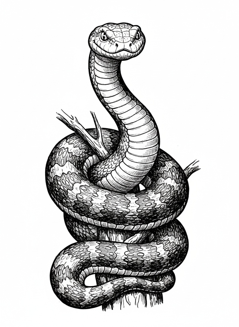 Slither the Python in Victorian Illustration - Black & White Illustration