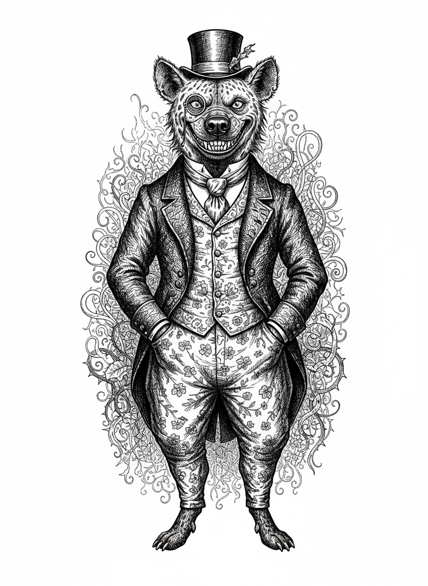 Crash the Hyena - Black & White Illustration
