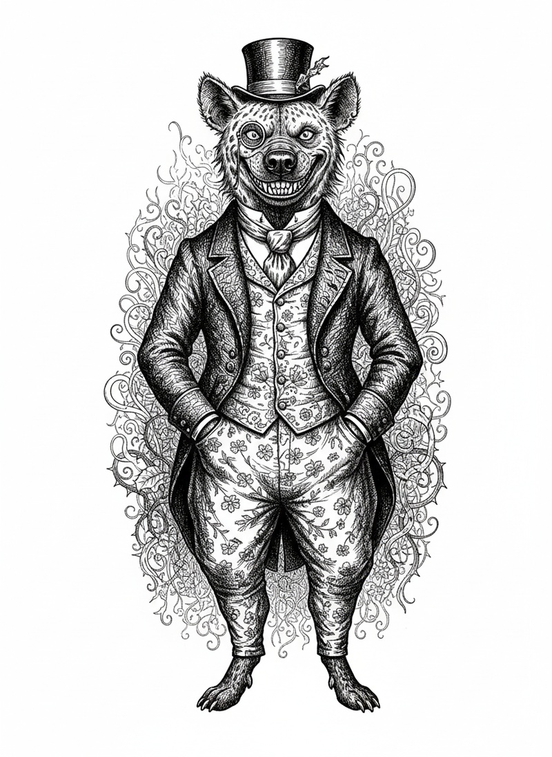 Crash the Hyena in Victorian Illustration - Black & White Illustration
