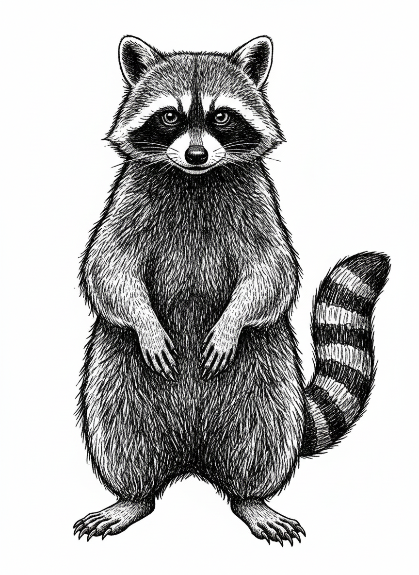 Bandit the Raccoon - Black & White Illustration