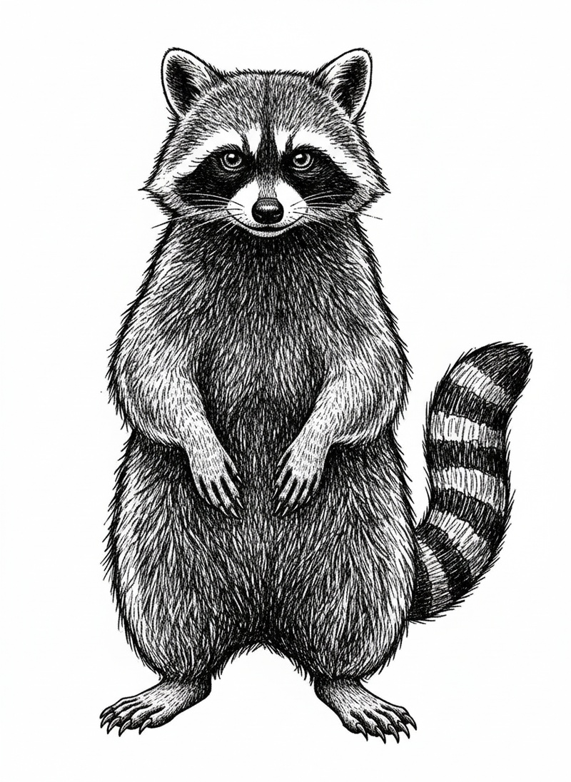 Bandit the Raccoon in Victorian Illustration - Black & White Illustration