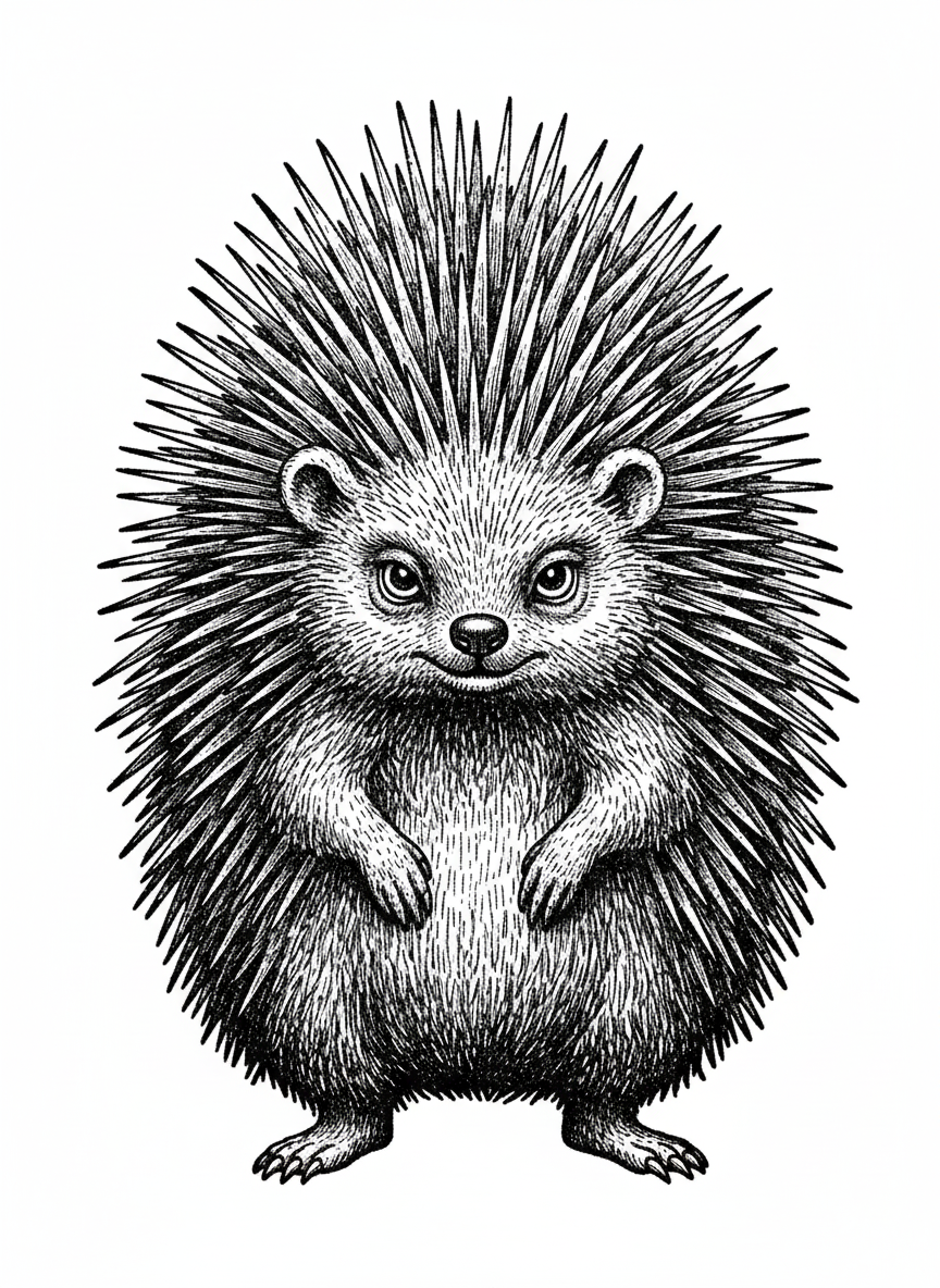 Spikes the Porcupine - Black & White Illustration