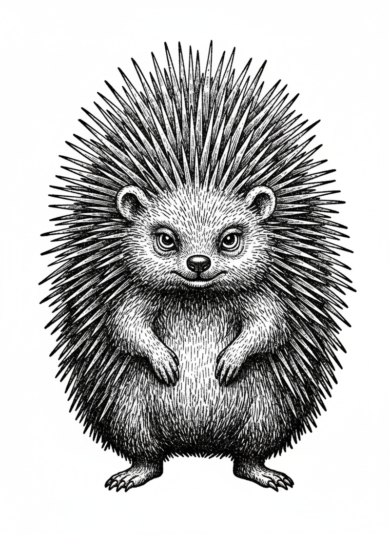 Spikes the Porcupine in Victorian Illustration - Black & White Illustration