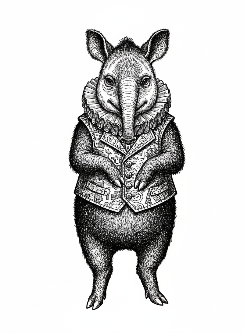 Trunk the Tapir in Victorian Illustration - Black & White Illustration