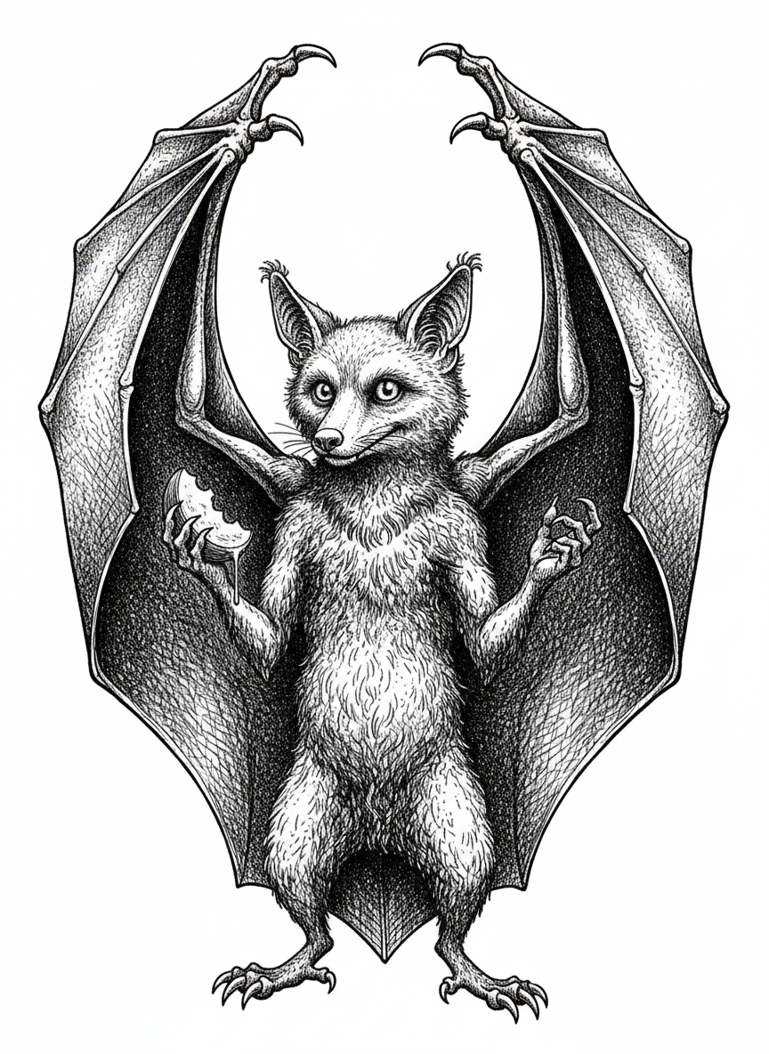 Glide the Flying Fox Bat - Black & White Illustration