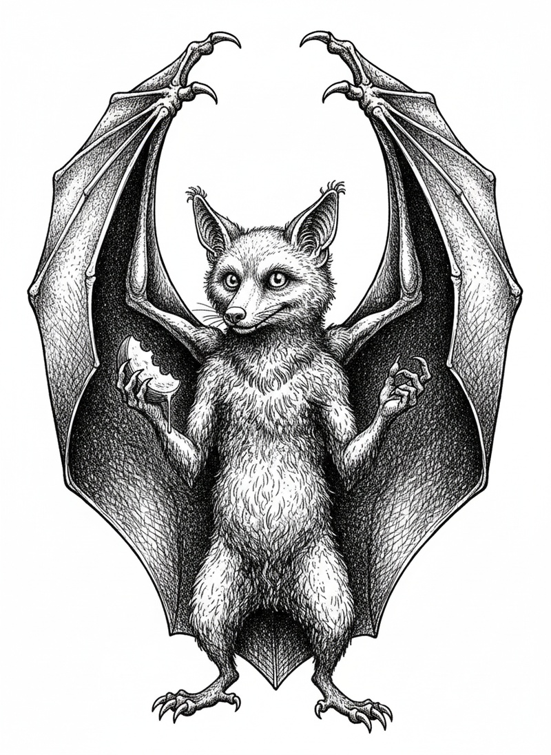 Glide the Flying Fox Bat in Victorian Illustration - Black & White Illustration