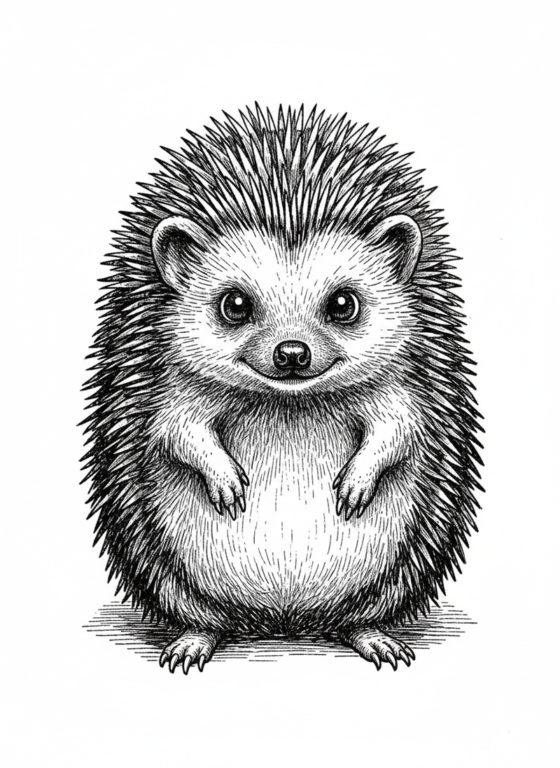 Quill the Hedgehog in Victorian Illustration - Black & White Illustration