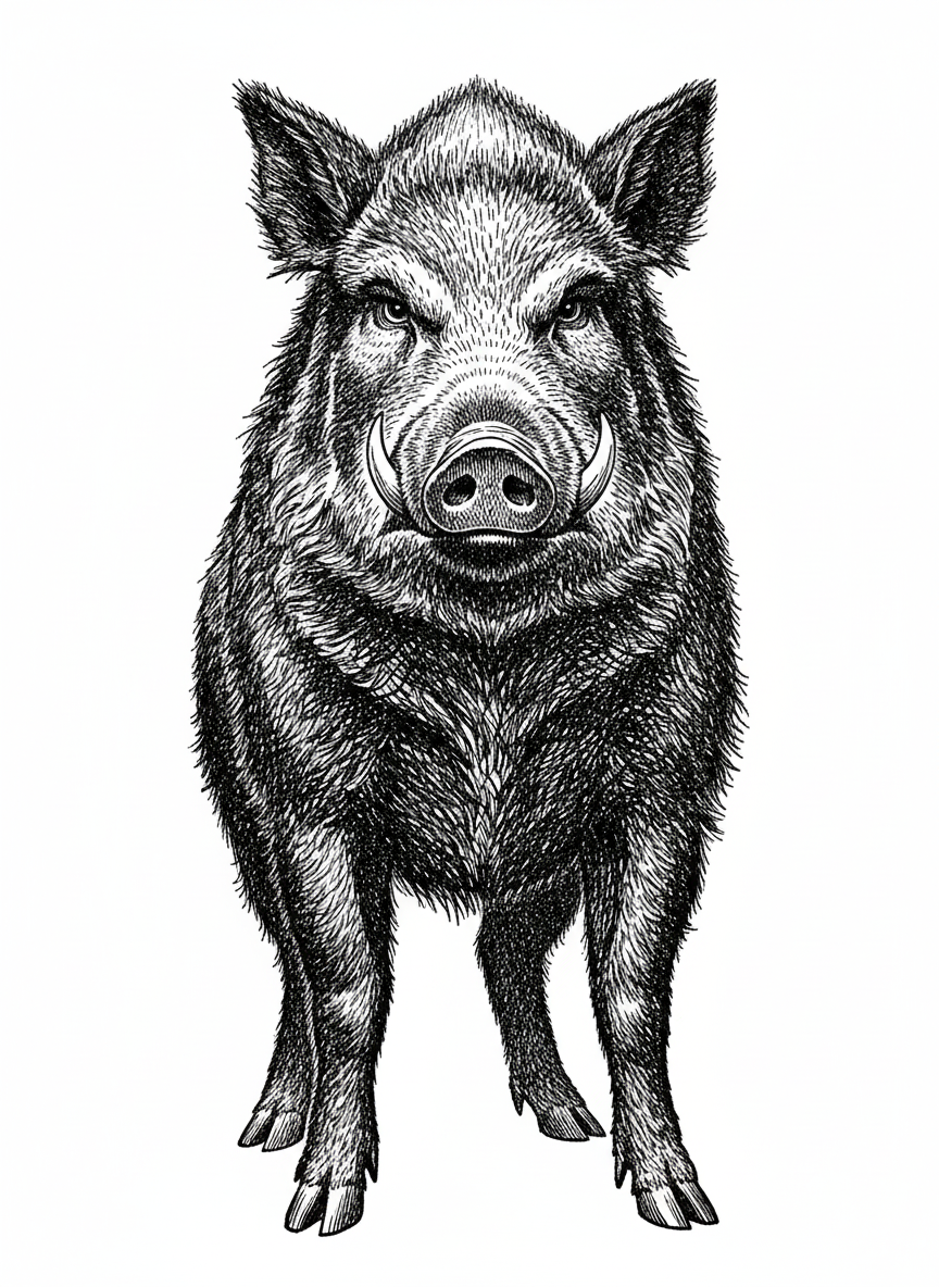 Snuffle the Wild Boar - Black & White Illustration