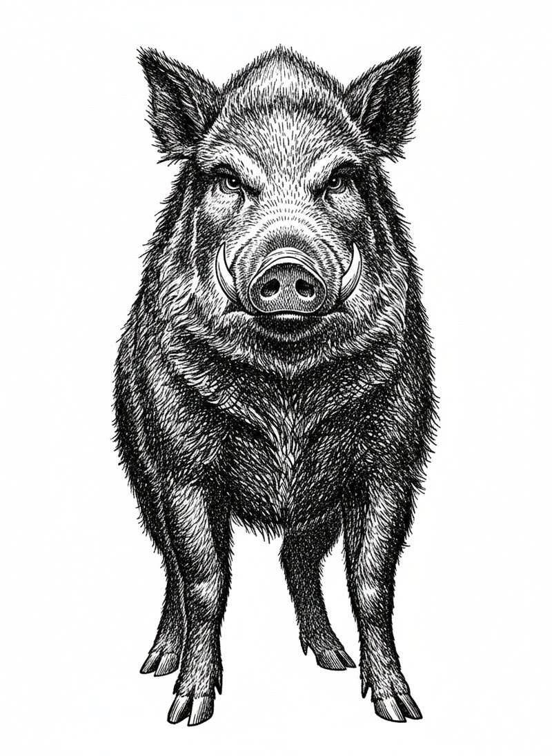 Snuffle the Wild Boar in Victorian Illustration - Black & White Illustration