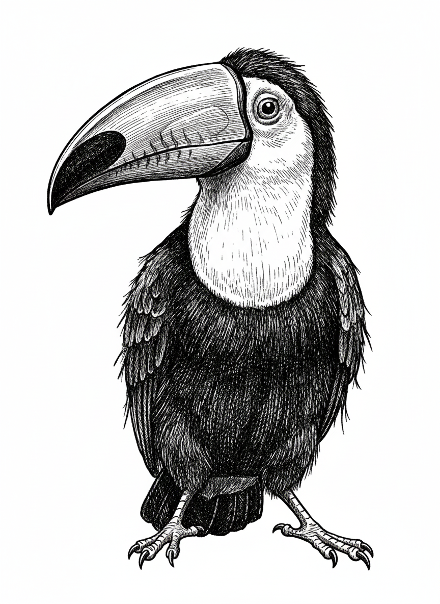Flutter the Toucan - Black & White Illustration