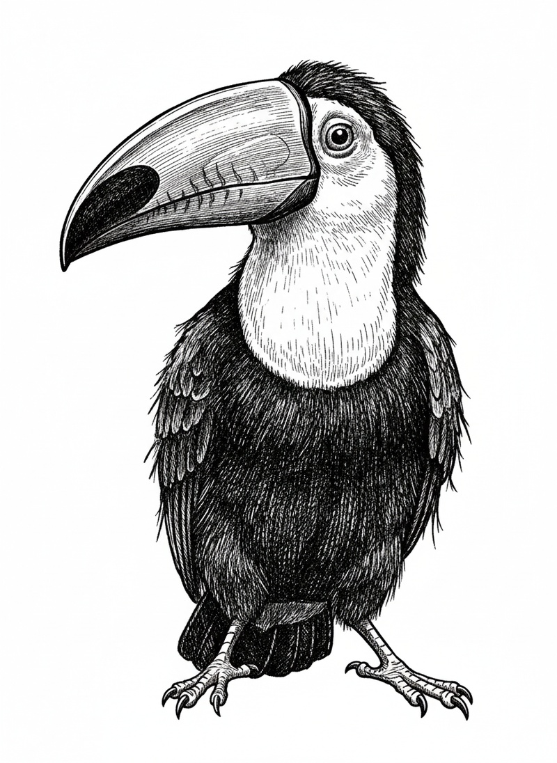 Flutter the Toucan in Victorian Illustration - Black & White Illustration