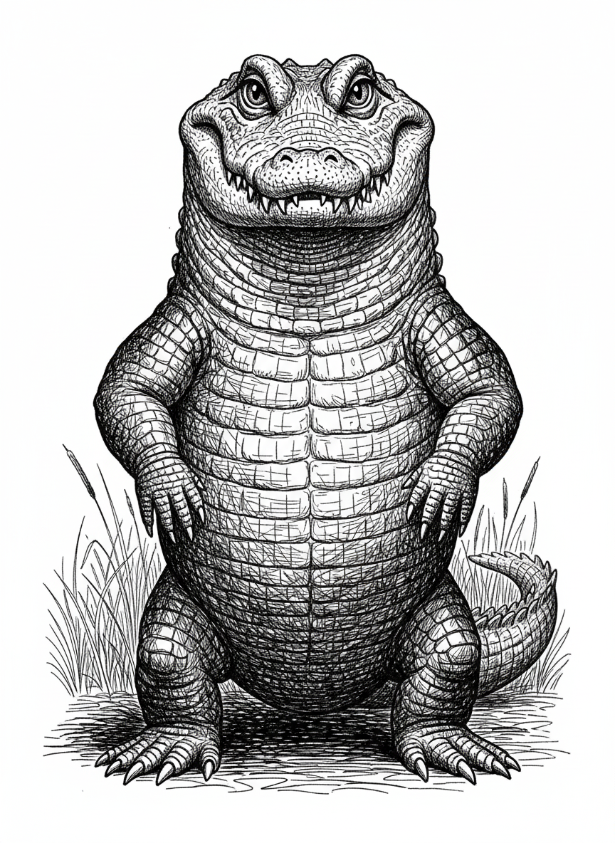 Chomp the Alligator - Black & White Illustration