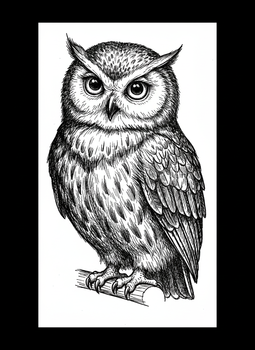 Scout the Wise Owl - Black & White Illustration