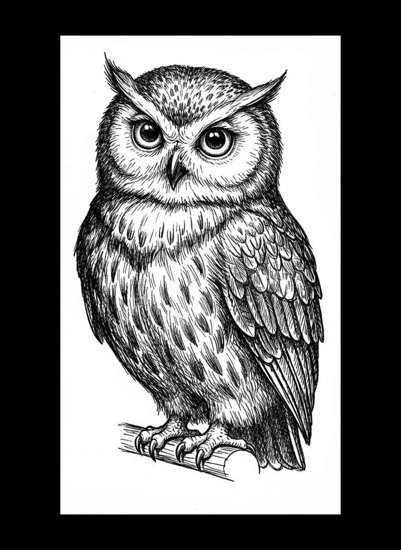 Scout the Wise Owl in Victorian Illustration - Black & White Illustration