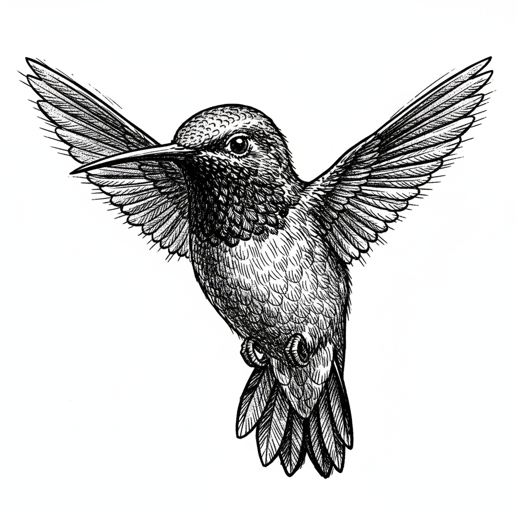 Ruby the Hummingbird - Black & White Illustration