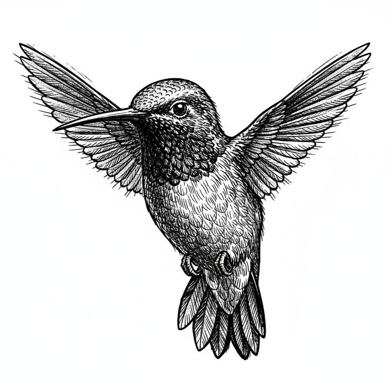 Ruby the Hummingbird in Victorian Illustration - Black & White Illustration