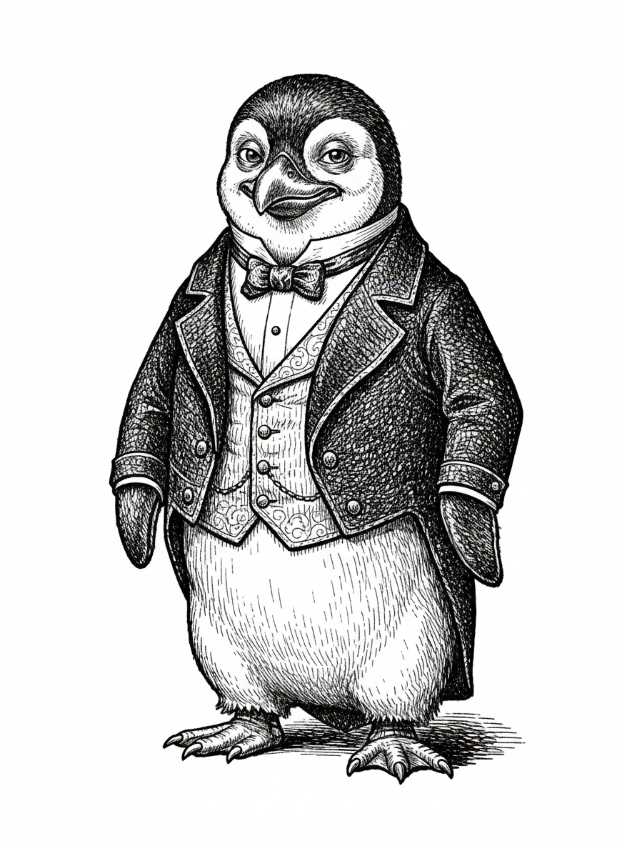 Waddle the Penguin - Black & White Illustration
