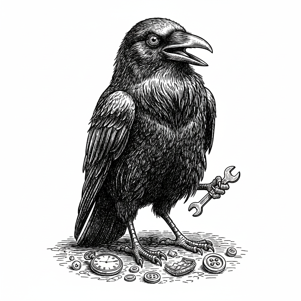 Squawk the Crow - Black & White Illustration