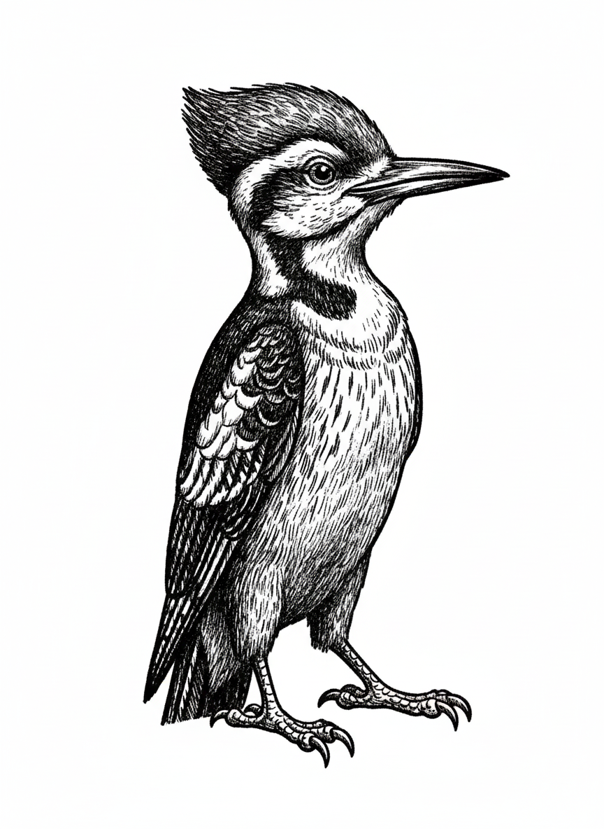 Peck the Woodpecker - Black & White Illustration