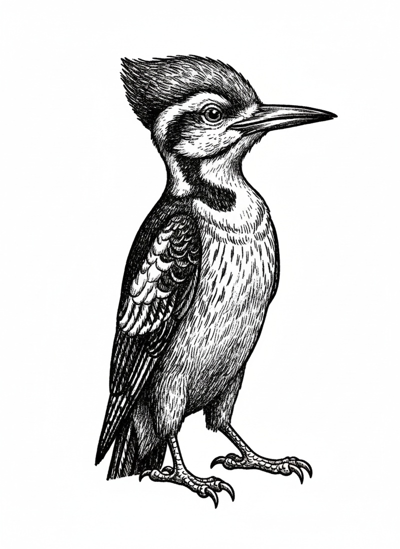 Peck the Woodpecker in Victorian Illustration - Black & White Illustration